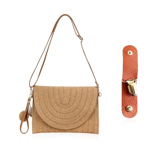 CHSZSH 1 Stück Strohtasche Mit 1 Stück Bommelanhänger, 1 Stück Hutklammer, Retro-Clutch, Rattan-Gewebetasche Mit Verstellbarem Schultergurt, Stroh-Strandtasche von CHSZSH