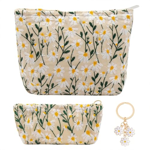 CHUANFU 2 Stück Kosmetiktasche Set Damen mit Gänseblümchen-Schlüsselanhänger, Kulturtasche Make Up Tasche, Tragbare Schminktasche, Kosmetiktasche Reisen Organizer für Reisen Kinder Mädchen Damen von CHUANFU