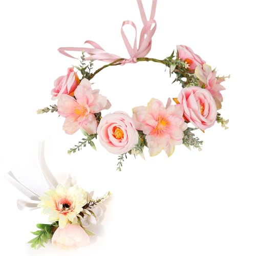 CHUANFU 2 Stücke Blumenkranz Blume Krone Stirnband, Rose Brau Haarschmuck mit Armband-Set, Verstellbarer Haarreif Blumen Stirnbänder, Frauen Mädchen für Hochzeit Zeremonie Festival Party Strand von CHUANFU