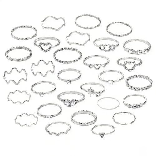CHUANFU 28 Stück Ringe Silber Set, Knuckle Rings Set für Frauen, Einfacher Stapelringe, Größe Gemischt, Zierlich Knöchelringe Daumenringe Statement Ring Schmuck für Freundin Frau Mom von CHUANFU