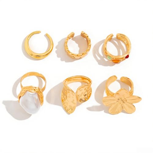 CHUANFU 6 Stück Gold Ringe für Damen, Retro Chunky Rings, Knuckle Ringe Offene Verstellbar Ring Stapelbare Fingerring, Faux-Perlen Verzierung Blumen Kristallringe für Damen Mädchen von CHUANFU