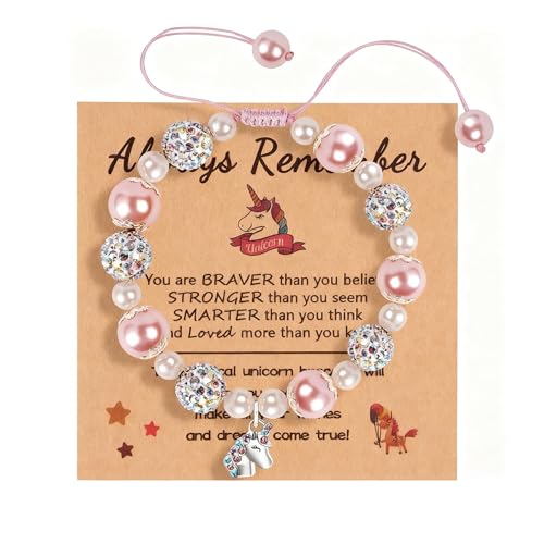 CHUANFU Perlen Armband Mädchen Frauen, Süßes Einhorn Armbänder mit Einer Sinnvollen Grußkarte, Verstellbares Geflochtenem Seil, Rosa Perlen und Strasskugeln Armband, Geschenk für Mädchen von CHUANFU