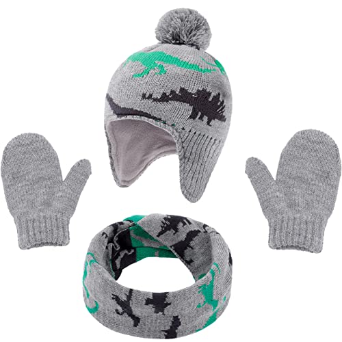 Kinder Wintermütze, Schal Handschuhe Jungen Set Mit Weichem Futter und Dinosaurier-Muster Hält Warm Kinder Mütze Set Kuschelig Handschuhe Runder Schal Set für Baby 2-3 Jahre - M - Grau und Mintgrün von CHUANGLI