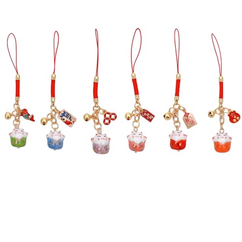 CHUANGOU 6pcs Glückskatze Schlüsselanhänger Glöckchen Ornament Cute Maneki Neko Cat Japanisch Chinesisch Feng Shui Glückskatze Handtasche Rucksack Auto Anhänger von CHUANGOU