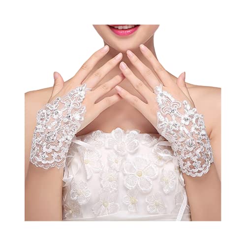 CHUANGOU Kurz Spitzenhandschuhe Damen Spitze Handschuhe Weiß Hochzeit Braut Handschuhe von CHUANGOU
