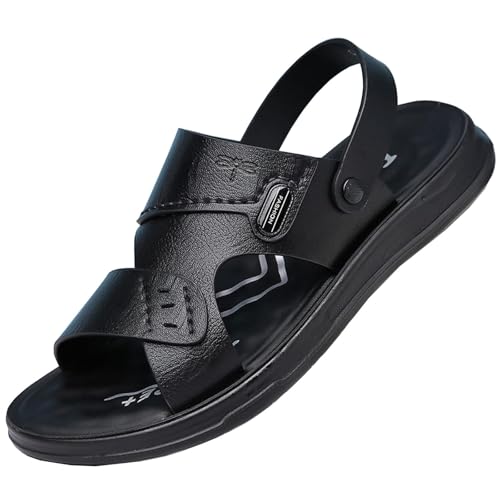 CHUIKUAJ Ledersandalen für Herren – Outdoor-Strandschuhe aus Leder mit Offener Spitze, Sommer-Freizeit-Slipper, Leichte Wassersandale, Verstellbar (zweifach verstellbar),Black-42EU von CHUIKUAJ