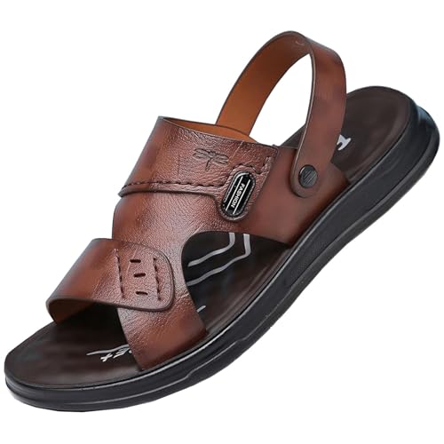 CHUIKUAJ Ledersandalen für Herren – Outdoor-Strandschuhe aus Leder mit Offener Spitze, Sommer-Freizeit-Slipper, Leichte Wassersandale, Verstellbar (zweifach verstellbar),Brown-41EU von CHUIKUAJ