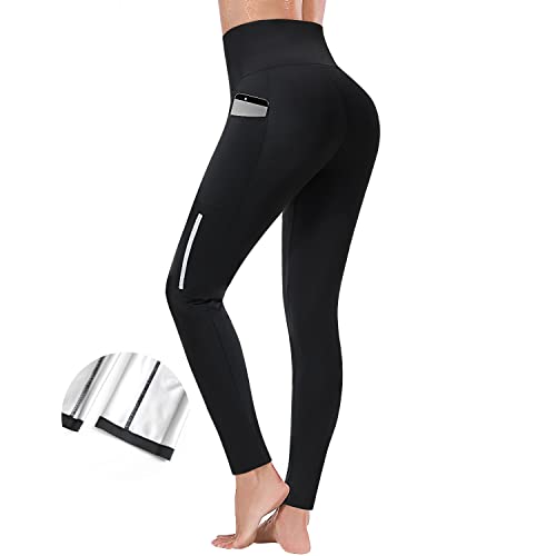 CHUMIAN Damen Sauna Sporthose Gewichtsverlust Hosen Hohe Taille Hot Thermo Sweat Schwitzhose zum Abnehmen Trainingshose Laufhose Leggings Body Shaper (Schwarz, XL) von CHUMIAN