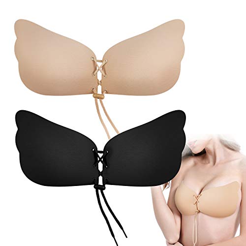 CHUMIAN Silikon Klebe BH Trägerlose Push Up Rückenfreies Kleid Brüste Invisible Bra Wiederverwendbare und Selbsteklebende BH für Ballkleider, Abendkleider (Schwarz+beige, A) von CHUMIAN