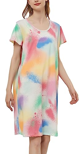 CHUNG Damen Nachthemden Kurzarm Nachtkleid Schlafhemd Sommer Schlafshirt Kurzarmshirt Baumwolle Nachtwäsche Mit Sterne Animals Colorful Summe, L von CHUNG