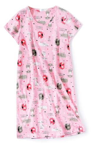 CHUNG Damen Nachthemden Kurzarm Nachtkleid Schlafhemd Sommer Schlafshirt Kurzarmshirt Baumwolle Nachtwäsche Mit Sterne Animals Pink Cat, L von CHUNG