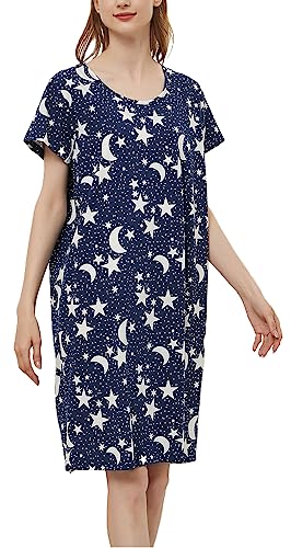 CHUNG Damen Nachthemden Kurzarm Nachtkleid Schlafhemd Sommer Schlafshirt Kurzarmshirt Baumwolle Nachtwäsche Mit Sterne Animals NavyStar, XL von CHUNG