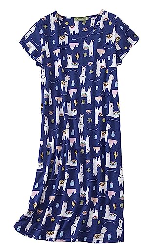 CHUNG Damen Nachthemden Kurzarm Nachtkleid Schlafhemd Sommer Schlafshirt Kurzarmshirt Baumwolle Nachtwäsche Mit Sterne Animals Navy Alpaca, M von CHUNG