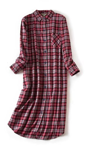 CHUNG Damen Nachthemd Kariertes Nachtkleid Langärmeliges Nachtshirt Kuscheliges Flanell Nachtwäsche aus gebürsteter Baumwolle Gray Red 2XL von CHUNG