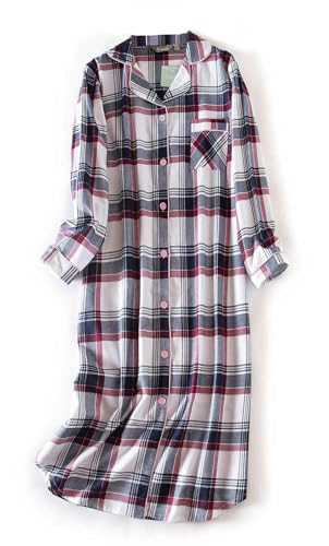 CHUNG Damen Nachthemd Kariertes Nachtkleid Langärmeliges Nachtshirt Kuscheliges Flanell Nachtwäsche aus gebürsteter Baumwolle Grey/Red/Wit 2XL von CHUNG
