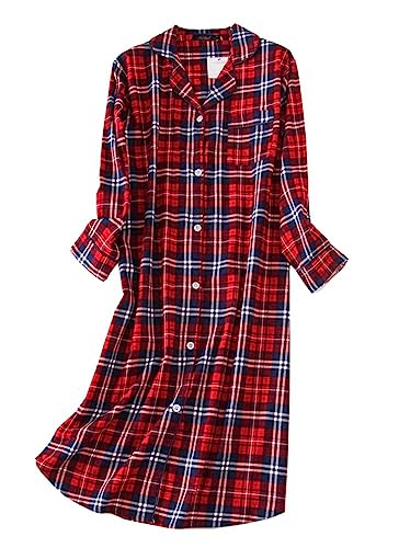 CHUNG Damen Nachthemd Kariertes Nachtkleid Langärmeliges Nachtshirt Kuscheliges Flanell Nachtwäsche aus gebürsteter Baumwolle Red Plaid 2XL von CHUNG