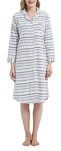 CHUNG Damen Nachthemd Kariertes Nachtkleid Langärmeliges Nachtshirt Kuscheliges Flanell Nachtwäsche aus gebürsteter Baumwolle Schneeflocke L von CHUNG