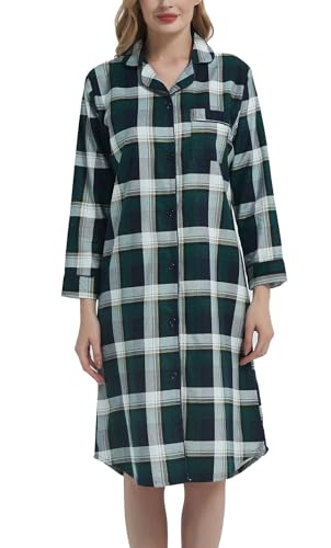 CHUNG Damen Nachthemd Kariertes Nachtkleid Langärmeliges Nachtshirt Kuscheliges Flanell Nachtwäsche aus gebürsteter Baumwolle WhtGrnPlaid L von CHUNG