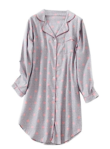 CHUNG Damen Nachthemd Langarm Knopfleiste Frauen Kariertes Schlafhemd Plaid Schlafshirt Tartan Pyjamas Flanell Baumwolle GryHeart 2XL von CHUNG