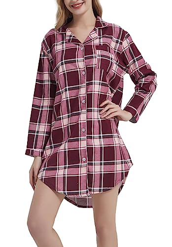 CHUNG Damen Nachthemd Langarm Knopfleiste Frauen Kariertes Schlafhemd Plaid Schlafshirt Tartan Pyjamas Flanell Baumwolle Burgndy L von CHUNG