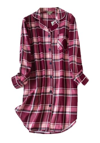 CHUNG Damen Nachthemd Langarm Knopfleiste Frauen Kariertes Schlafhemd Plaid Schlafshirt Tartan Pyjamas Flanell Baumwolle Burgndy XL von CHUNG