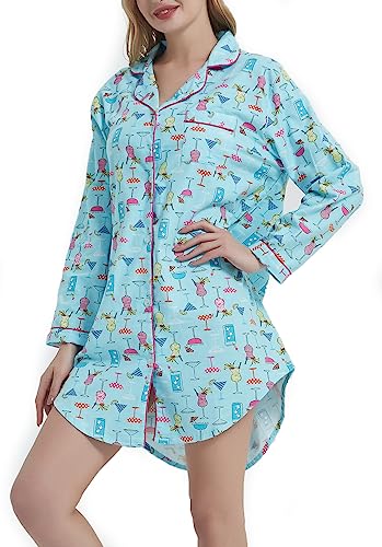 CHUNG Damen Nachthemd Langarm Knopfleiste Frauen Kariertes Schlafhemd Plaid Schlafshirt Tartan Pyjamas Flanell Baumwolle Cocktail L von CHUNG