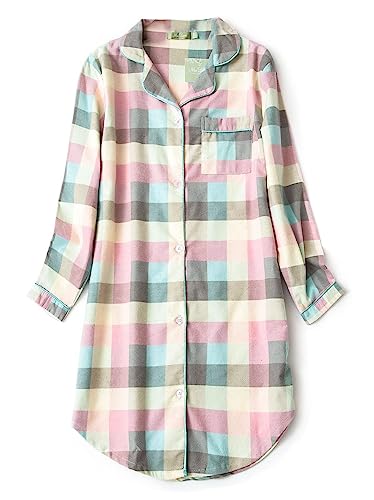 CHUNG Damen Nachthemd Langarm Knopfleiste Frauen Kariertes Schlafhemd Plaid Schlafshirt Tartan Pyjamas Flanell Baumwolle GrnPlaid L von CHUNG