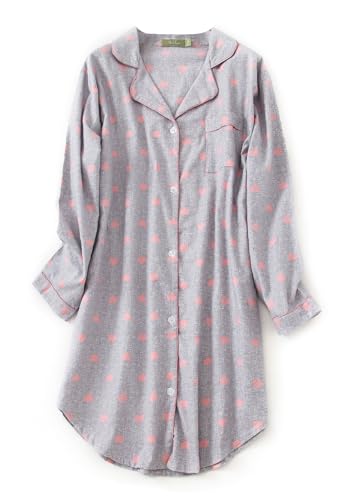 CHUNG Damen Nachthemd Langarm Knopfleiste Frauen Kariertes Schlafhemd Plaid Schlafshirt Tartan Pyjamas Flanell Baumwolle GryHeart M von CHUNG