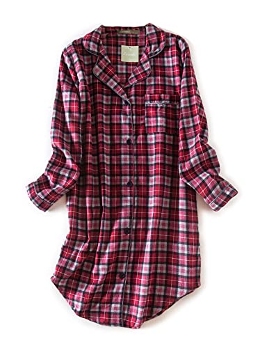 CHUNG Damen Nachthemd Langarm Knopfleiste Frauen Kariertes Schlafhemd Plaid Schlafshirt Tartan Pyjamas Flanell Baumwolle GryRedPlaid 2XL von CHUNG