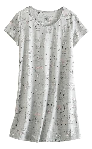 CHUNG Damen Nachthemden Kurzarm Nachtkleid Schlafhemd Sommer Schlafshirt Kurzarmshirt Baumwolle Nachtwäsche Mit Sterne Animals GreyKitty, XL von CHUNG