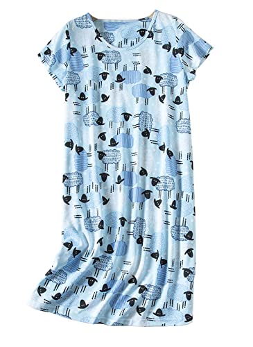 CHUNG Damen Nachthemden Kurzarm Nachtkleid Schlafhemd Sommer Schlafshirt Kurzarmshirt Baumwolle Nachtwäsche Mit Sterne Animals BlueSheep, XXL von CHUNG