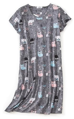 CHUNG Damen Nachthemden Kurzarm Nachtkleid Schlafhemd Sommer Schlafshirt Kurzarmshirt Baumwolle Nachtwäsche Mit Sterne Animals -HappyOwl, L von CHUNG