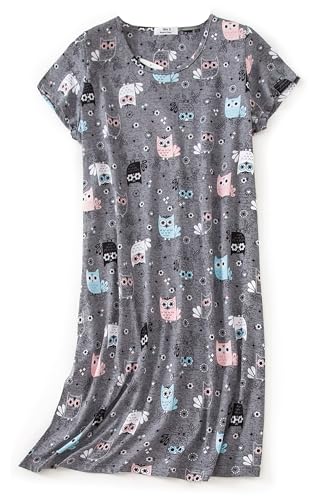 CHUNG Damen Nachthemden Kurzarm Nachtkleid Schlafhemd Sommer Schlafshirt Kurzarmshirt Baumwolle Nachtwäsche Mit Sterne Animals -HappyOwl, XXL von CHUNG