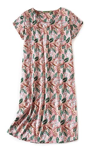 CHUNG Damen Nachthemden Kurzarm Nachtkleid Schlafhemd Sommer Schlafshirt Kurzarmshirt Baumwolle Nachtwäsche Mit Sterne Animals PinkFloral, L von CHUNG