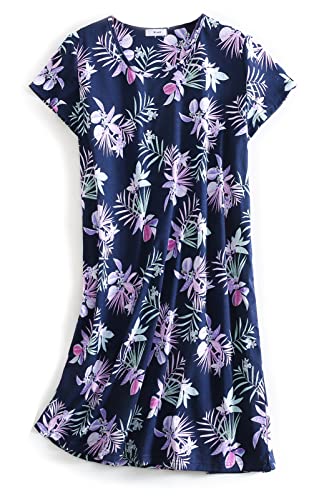 CHUNG Damen Nachthemden Kurzarm Nachtkleid Schlafhemd Sommer Schlafshirt Kurzarmshirt Baumwolle Nachtwäsche Mit Sterne Animals Purple Flowe, M von CHUNG