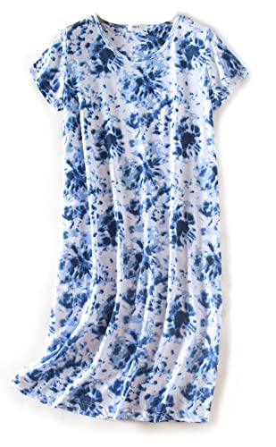CHUNG Damen Nachthemden Kurzarm Nachtkleid Schlafhemd Sommer Schlafshirt Kurzarmshirt Baumwolle Nachtwäsche Mit Sterne Animals Tie-Dyed Blue, L von CHUNG