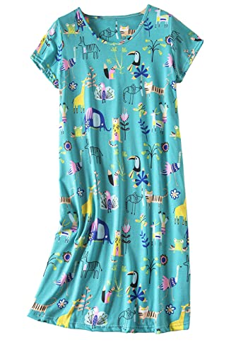 CHUNG Damen Nachthemden Kurzarm Nachtkleid Schlafhemd Sommer Schlafshirt Kurzarmshirt Baumwolle Nachtwäsche Mit Sterne Animals Zoo, L von CHUNG