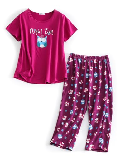 CHUNG Damen-Pyjama-Set, kurzärmelig, Caprihose, Baumwollmischgewebe, Loungewear, Pjs, Blumenmuster, Tierdruck, Größe S-3XL, Magenta, Eule, 2XL CHUNG Damen-Pyjama-Set, kurzärmelig, Caprihose, Baumwollmischgewebe, Loungewear, Pjs, Blumenmuster, Tierdruck, Größe S-3XL, Magenta, Eule, 2XL von CHUNG