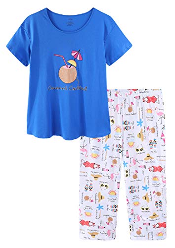CHUNG Damen Schlafanzug Capri Pyjama Kurzen Ärmeln 3/4 Lange Hose Mit Sternen Animal Print, Coconut 2XL von CHUNG
