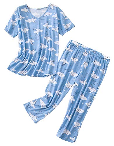 CHUNG Damen Schlafanzug Capri Pyjama Kurzen Ärmeln 3/4 Lange Hose Mit Sternen Animal Print, Bluemoon L von CHUNG