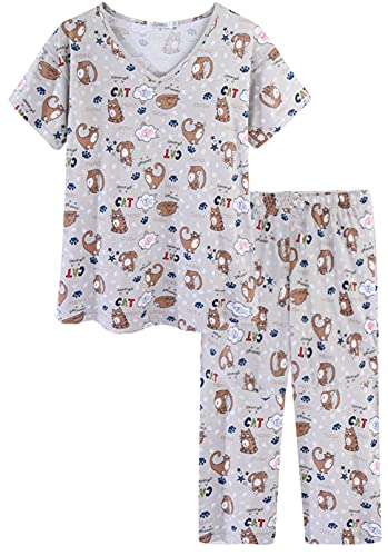 CHUNG Damen Schlafanzug Capri Pyjama Kurzen Ärmeln 3/4 Lange Hose Mit Sternen Animal Print, CoffeeCat 3XL von CHUNG