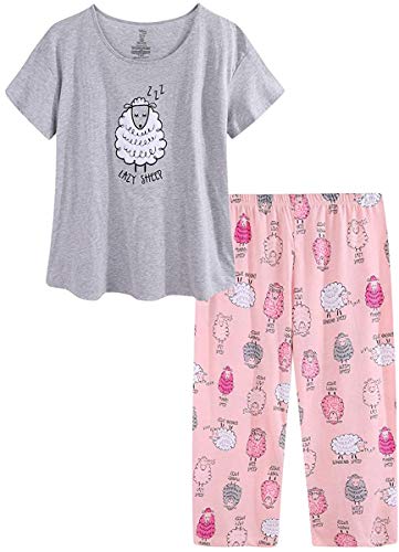 CHUNG Damen Schlafanzug Capri Pyjama Kurzen Ärmeln 3/4 Lange Hose Mit Sternen Animal Print, GraySheep XL von CHUNG