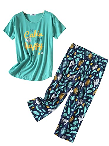 CHUNG Damen Schlafanzug Capri Pyjama Kurzen Ärmeln 3/4 Lange Hose Mit Sternen Animal Print, GreenSloth 2XL von CHUNG