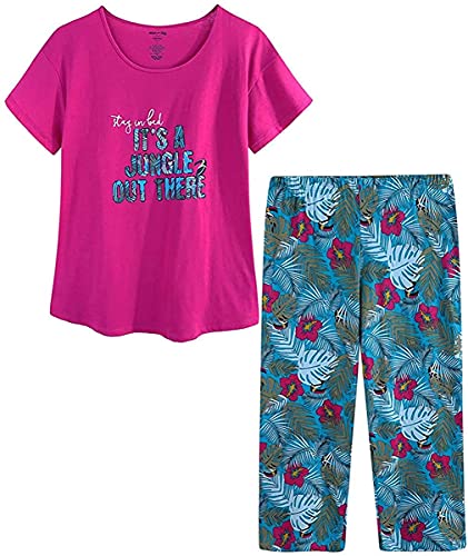 CHUNG Damen Schlafanzug Capri Pyjama Kurzen Ärmeln 3/4 Lange Hose Mit Sternen Animal Print, HotPink 3XL von CHUNG