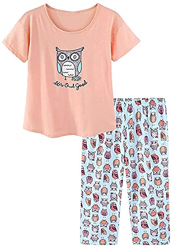 CHUNG Damen Schlafanzug Capri Pyjama Kurzen Ärmeln 3/4 Lange Hose Mit Sternen Animal Print, OrangeOwl XL von CHUNG