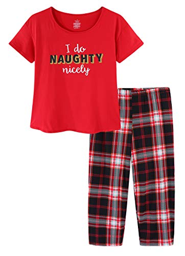 CHUNG Damen Schlafanzug Capri Pyjama Kurzen Ärmeln 3/4 Lange Hose Mit Sternen Animal Print, RedTartan 2XL von CHUNG