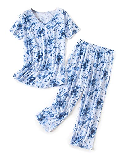 CHUNG Damen Schlafanzug Capri Pyjama Kurzen Ärmeln 3/4 Lange Hose Mit Sternen Animal Print, TiedyeBlue 2XL von CHUNG