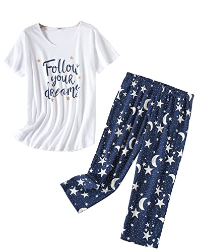 CHUNG Damen Schlafanzug Capri Pyjama Kurzen Ärmeln 3/4 Lange Hose Mit Sternen Animal Print, WhiteBlueDreamSky XL von CHUNG