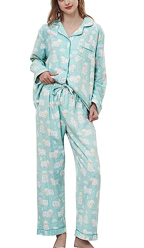 CHUNG Damen Schlafanzug Gebürstete Baumwolle langärmelig Knopfleiste Oberteil Hose Flanell Nachtwäsche Lounge gemütlich Warm Winter Übergröße Grünes Schaf, 36 von CHUNG