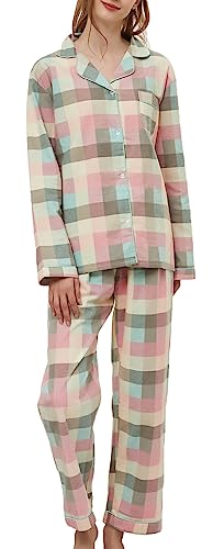 CHUNG Damen Schlafanzug Gebürstete Baumwolle langärmelig Knopfleiste Oberteil Hose Flanell Nachtwäsche Lounge gemütlich Warm Winter Übergröße Grünes und rosa Schottenkar, 42 von CHUNG